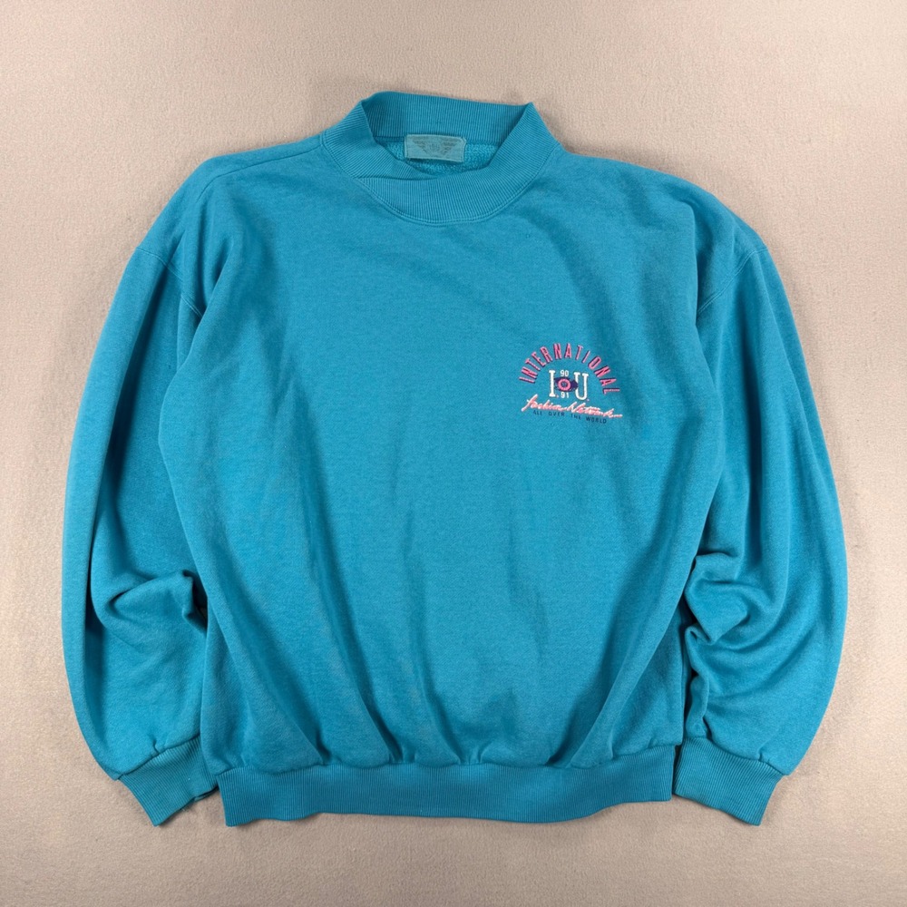 Vintage IOU International Fashion Network Sweatshirt Teal Blue 90s Mock Neck L